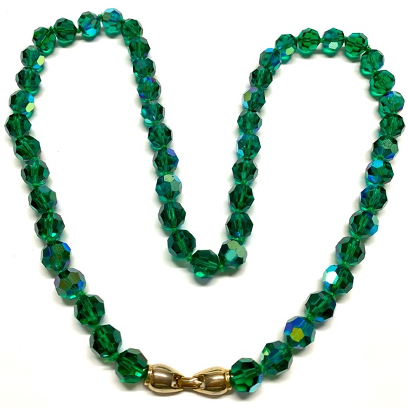 Vintage Faceted Crystal Ab Coated Long Necklace EMERALD GREEN Hand Knotted 60's - Picture 8 of 10